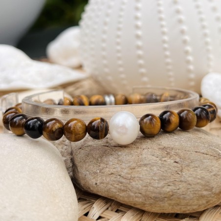 Bracciale da uomo con perle d'acqua dolce - Occhio di tigre