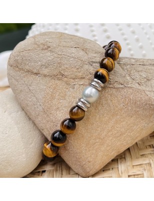 Armband aus weißen Tahitiperlen – Tigerauge