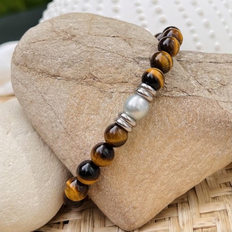 Bracciale di perle bianche di Tahiti - Occhio di tigre