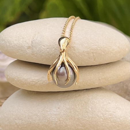 Octopus - Pink Tahitian Pearl 18K Gold Pendant