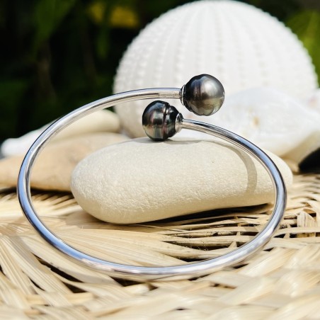 Jonc - Bracelet Perles de Tahiti 11/12mm - Argent Rhodié