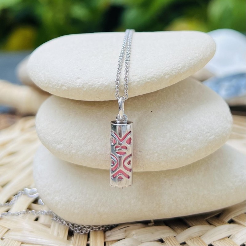 Pendentif Tiki Amour Agate Rose - Argent Rhodié