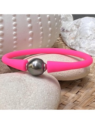 Braccialetto per bambini in silicone rosa fluorescente e perla di Tahiti grigia