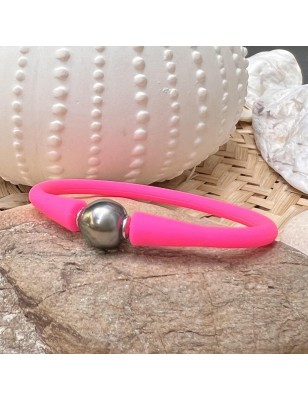 Babyarmband aus fluoreszierendem pinkfarbenem Silikon und grauer Tahitiperle