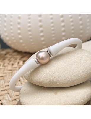 Pulsera infantil con perla de agua dulce rosa - Caucho blanco