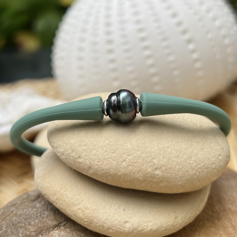 Pulsera para hombre con perla de Tahití azul berenjena
