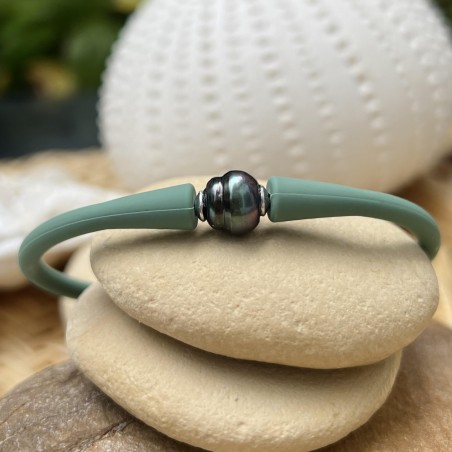 Pulsera para hombre con perla de Tahití azul berenjena