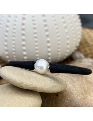 Pulsera de hombre con perla blanca de agua dulce - Caucho negro