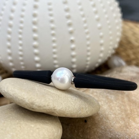 Bracelet Homme Perle d'Eau Douce Blanche - Rubber Noir