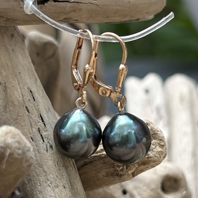 Terena - Tahitian pearl golden silver earrings