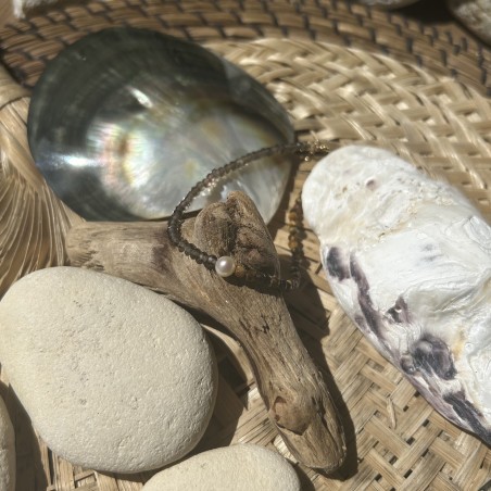 Bracciale in occhio di tigre e quarzo fumé con perla d'acqua dolce