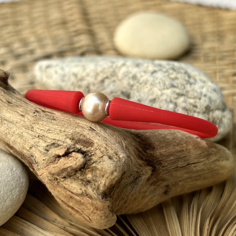 Pulsera de silicona con perla de agua dulce rosa