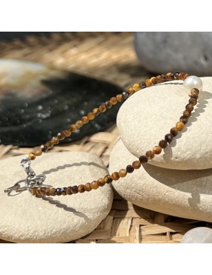 Tiger eye power bracelet freshwater pearl beneficial - tahitian jewerly - tahitian jewerly stores