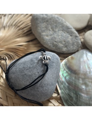Bracelet Coton Noir et Tortue Argent et Email Noir