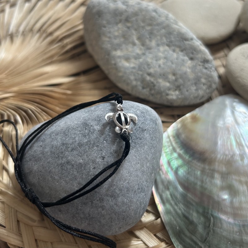 Bracelet Coton Noir et Tortue Argent et Email Noir