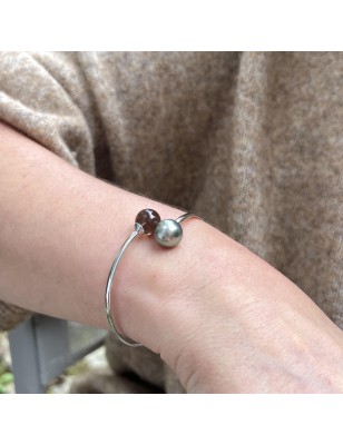 Brazalete de plata rodiada - Perla de Tahití de 11,11 mm - Cuarzo ahumado