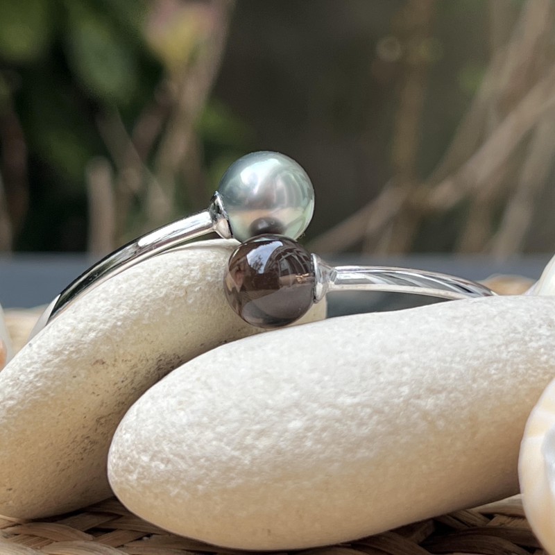 Brazalete de plata rodiada - Perla de Tahití de 11,11 mm - Cuarzo ahumado