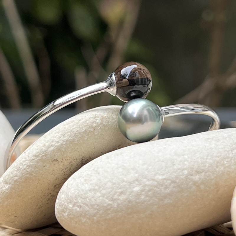 Jonc Argent Rhodié - Perle de Tahiti 11.11mm - Quartz Fumé