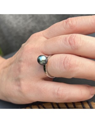 Anello Argento 925/000 Rodio Perla di Tahiti Blu