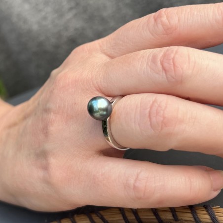 Anello Argento 925/000 Rodio Perla di Tahiti Blu