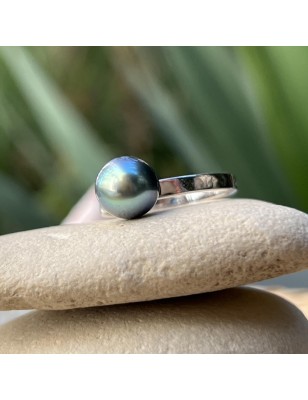 Anillo Plata 925/000 Rodio Perla de Tahití Azul