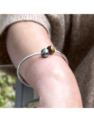Occhio di tigre - Bracciale rigido e perla di Tahiti - 19/22 cm