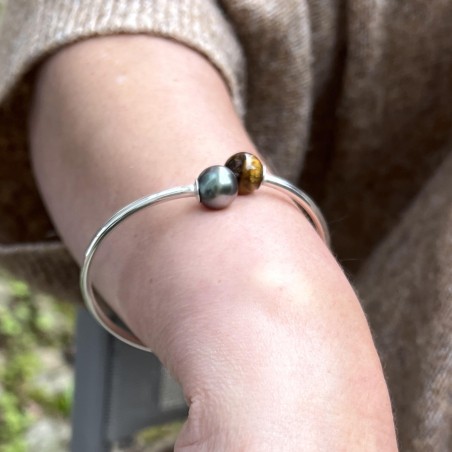 Pulsera de ojo de tigre y perla de Tahití - 19/22 cm