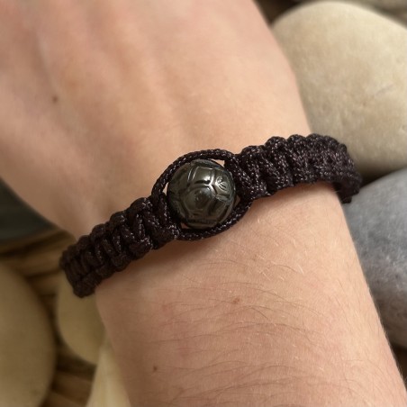 Bracciale Shamballa marrone da uomo con perla di Tahiti e incisione a forma di pallone da calcio