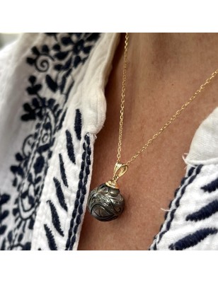 Real Tahitian Pearl Pendant - Engraving Tiki - 18K Gold Gold