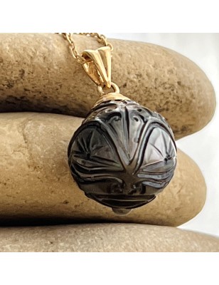 Real Tahitian Pearl Pendant - Engraving Tiki - 18K Gold Gold