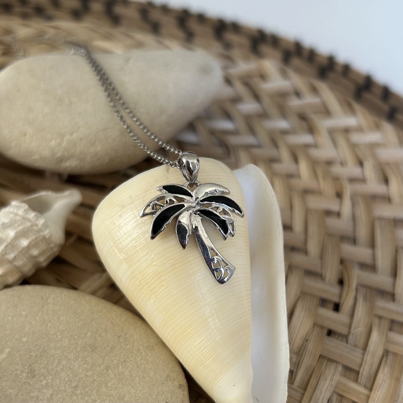 Pendentif Palmier Émail Noir - Argent Rhodié
