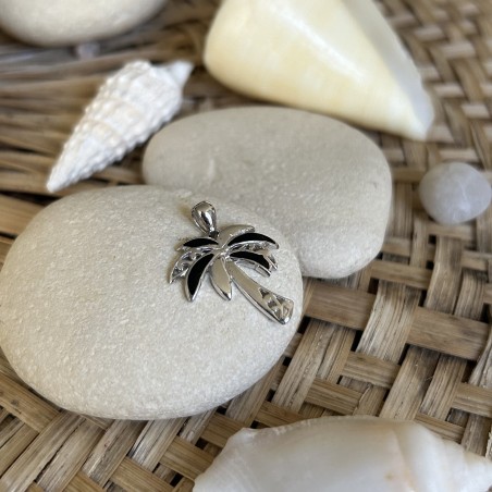 قلادة شجرة نخيل مطلية بالمينا السوداء - فضة مطلية بالروديوم