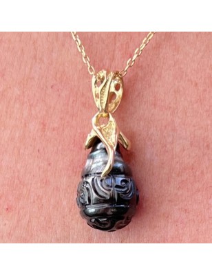engraved black pearl gold pendant for men - men's pendant with cultured pearl from Tahiti - tahitian jewerly for men