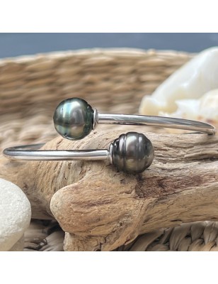 Bracelet Jonc Vraies Perles de Tahiti - 11/12mm - Argent Rhodié