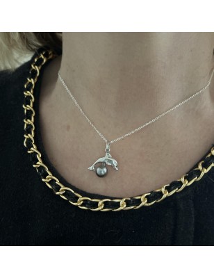 dolphin in silver pendant with cultured Tahitian pearl price and details