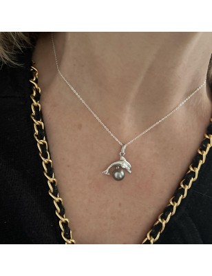 Dolphin - Tahitian Pearl - Rhodium Silver Pendant