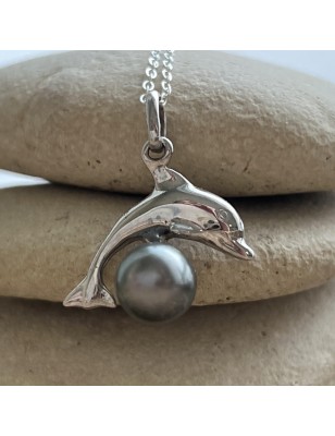 dolphin in silver pendant with cultured Tahitian pearl price and details