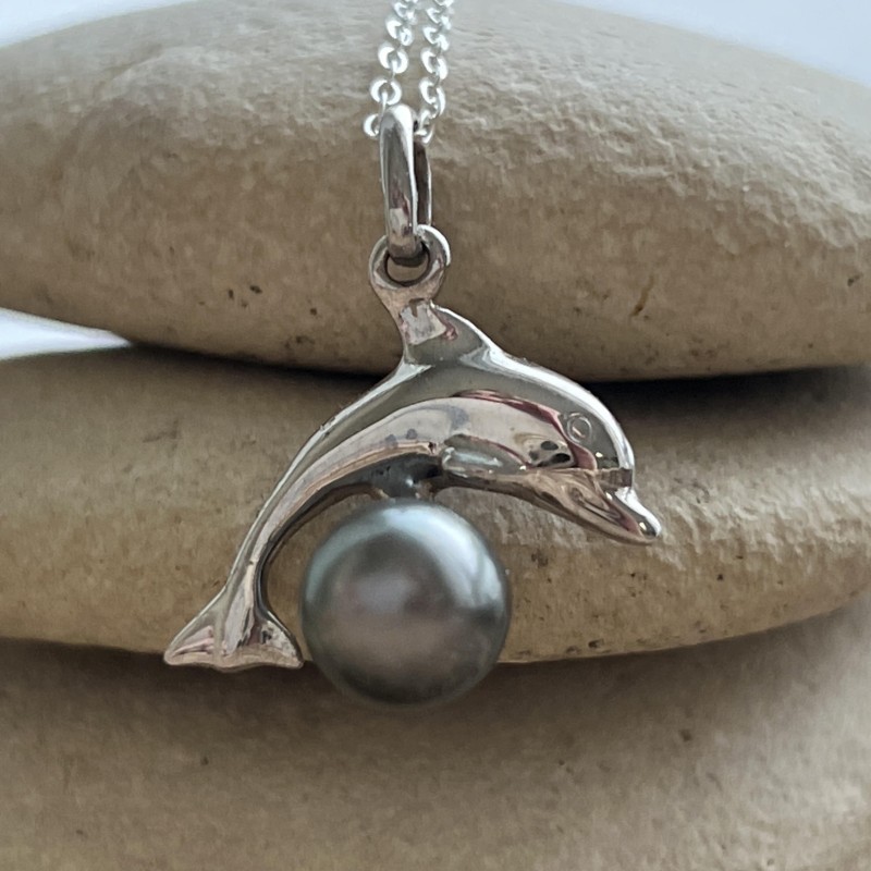 Delfín - Perla de Tahití - Colgante de plata rodiada