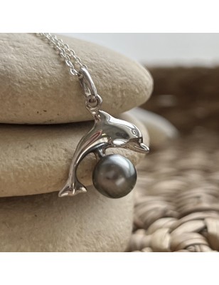 dolphin in silver pendant with cultured Tahitian pearl price and details