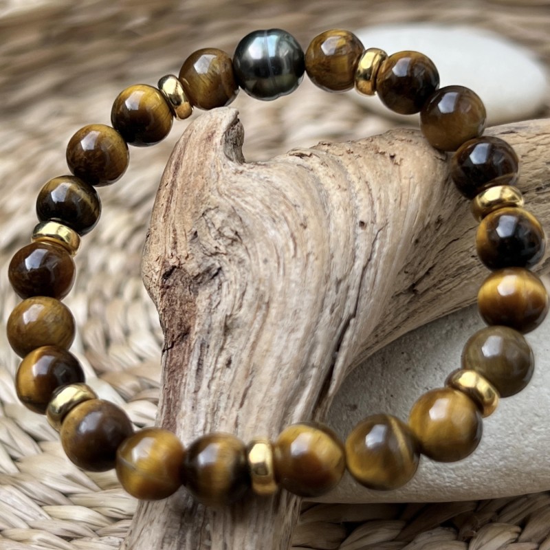 Bracelet Oeil de Tigre et Perle de Tahiti - 15/17cm