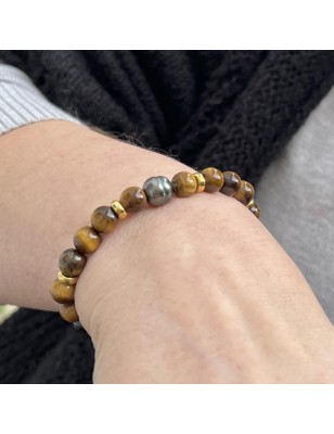 Armband Tigerauge und Tahiti-Perle - 15/17cm