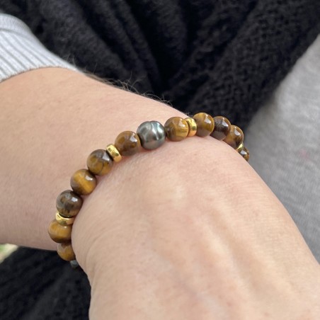 Armband Tigerauge und Tahiti-Perle - 15/17cm