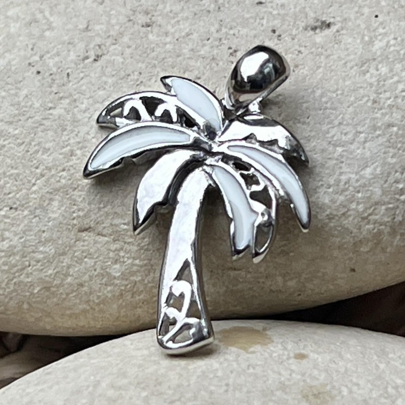 Ciondolo a forma di palma in smalto bianco - Argento rodiato
