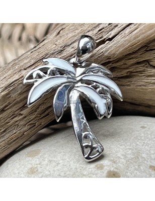White Enamel Palm Tree Pendant - Rhodium Silver