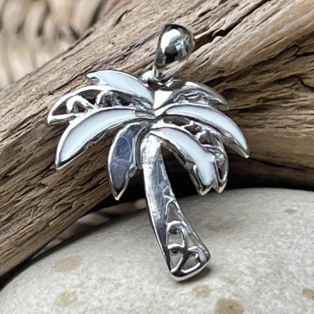 White Enamel Palm Tree Pendant - Rhodium Silver