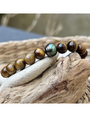 Mana Roa - bracelet Perle de Tahiti Émeraude - Oeil de Tigre