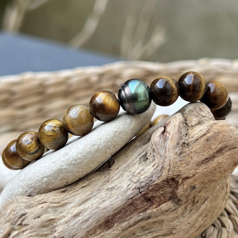 Mana Roa - Armband Tahiti-Perle Smaragd - Tigerauge