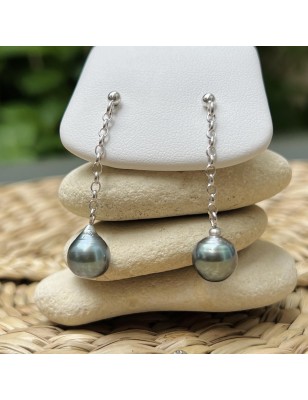 blue pearls on silver earrings with cultured pearls from Tahiti - perla Tahiti tahitian pearl