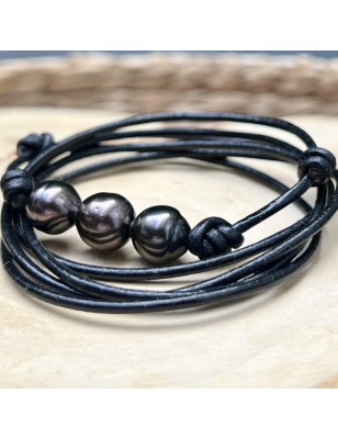 acheter collier homme perles noires de Tahiti prix - ras de cou cuir avec une perle