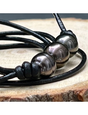 acheter collier homme perles noires de Tahiti prix - ras de cou cuir avec une perle